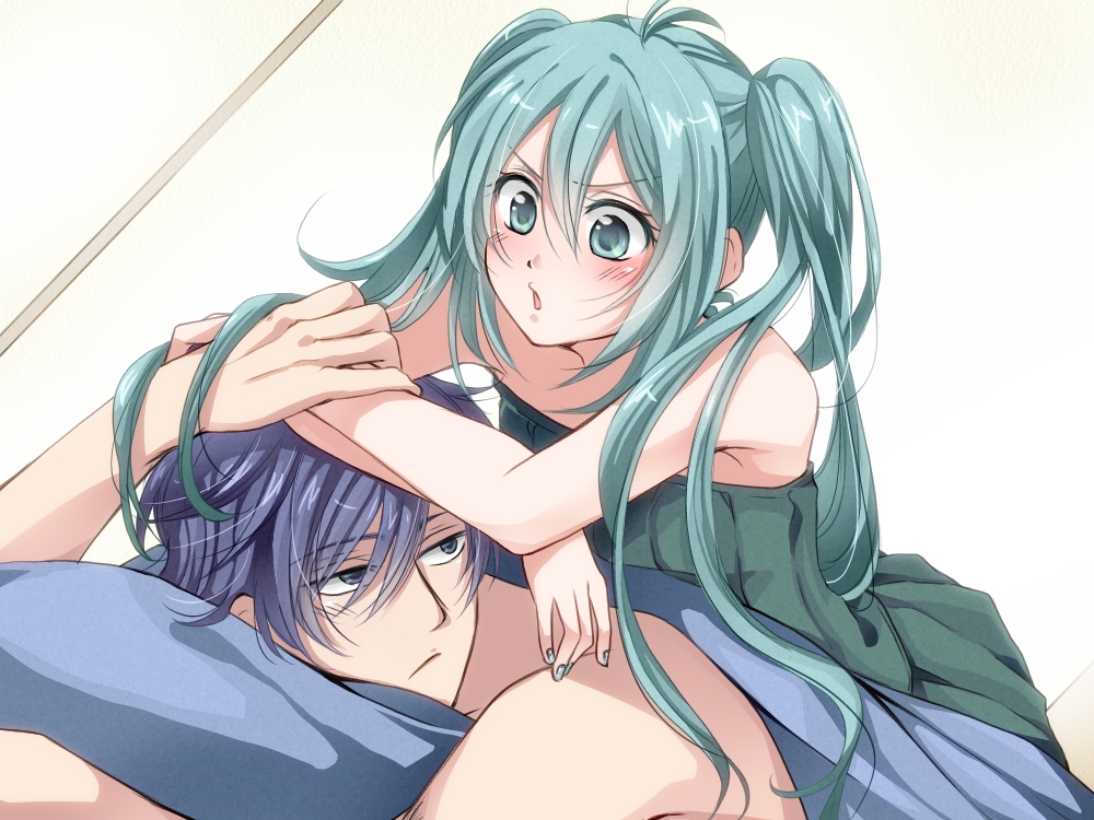 1boy, 1girl, aqua_eyes, aqua_hair, bare_shoulders, blue_eyes, blue_hair, blush, couple, dress, dutch_angle, hatsune_miku, hetero, ji_ko, kaito_(vocaloid), long_hair, looking_at_another, lying, morning_after, nail_polish, on_person, parted_lips, pillow, simple_background, strapless, strapless_dress, topless_male, twintails, vocaloid, white_background