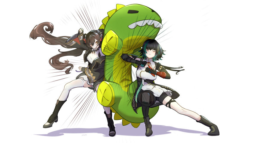 2girls, :<, absurdres, asymmetrical_legwear, black_boots, black_gloves, black_hair, boots