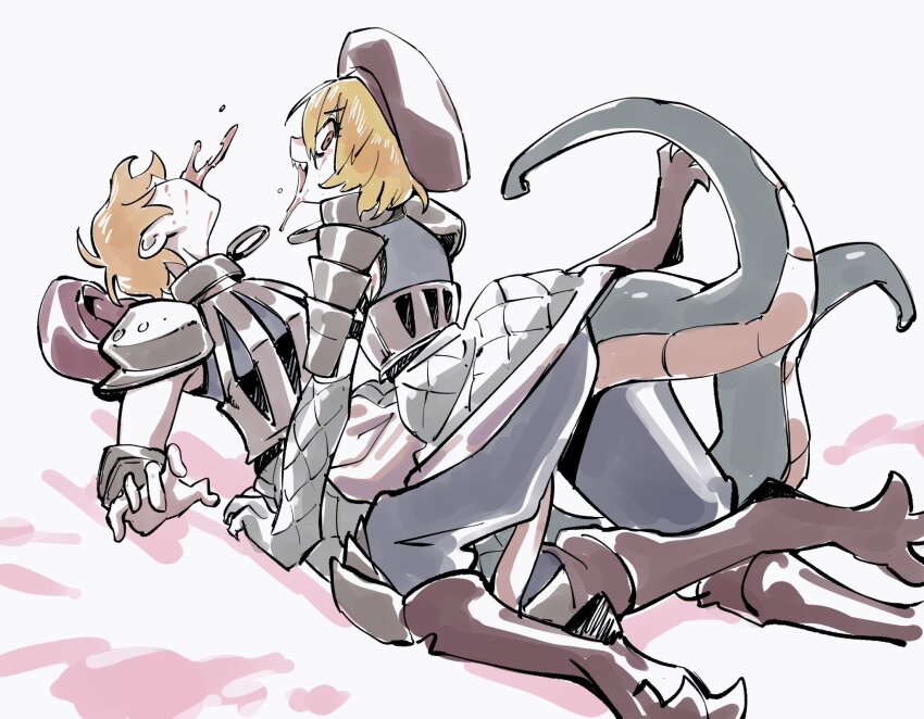 1boy, 1girl, armor, black_pants, blonde_hair, blood, claws, don_quixote_(project_moon)