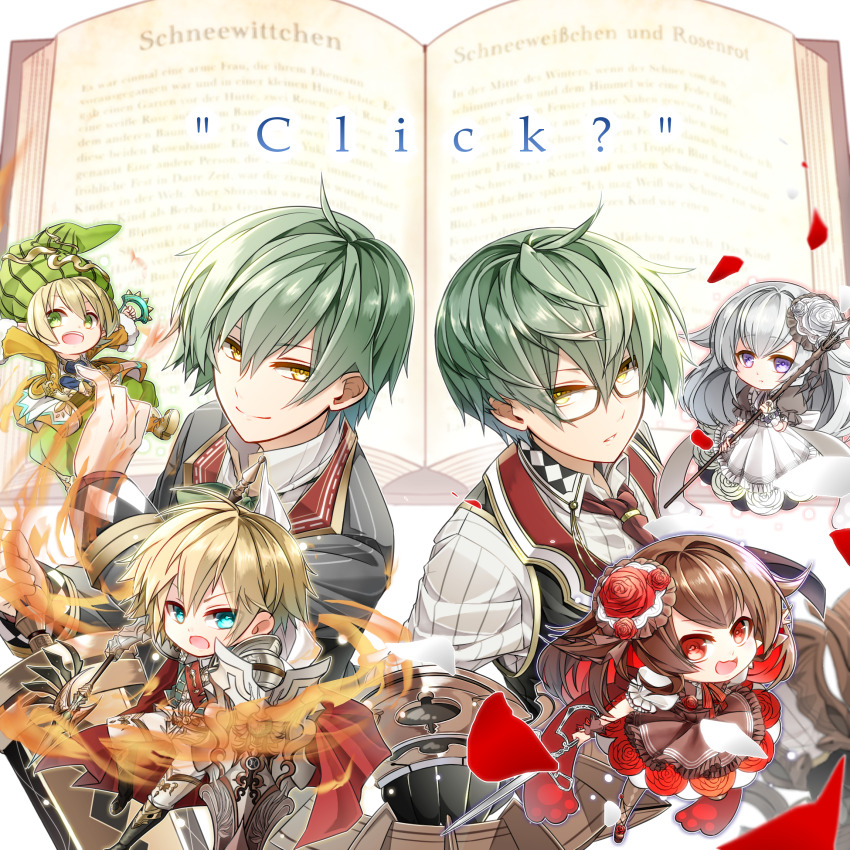 2girls, 4boys, ahoge, aqua_eyes, argyle_clothes, argyle_pantyhose, armor, arms_up