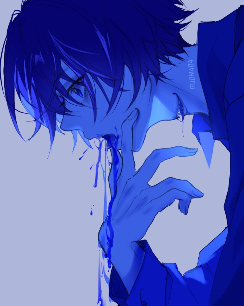 1boy, blood, blood_from_mouth, blue_background, blue_blood, blue_eyes, blue_hair, blue_shirt, blue_theme, collared_shirt, commentary, extra_mouth, from_side, hand_up, hashtag-only_commentary, highres, long_sleeves, looking_down, male_focus, monochrome, mooshiki, neck_mouth, open_mouth, original, shirt, short_hair, simple_background, solo, spitting, spitting_blood, upper_body