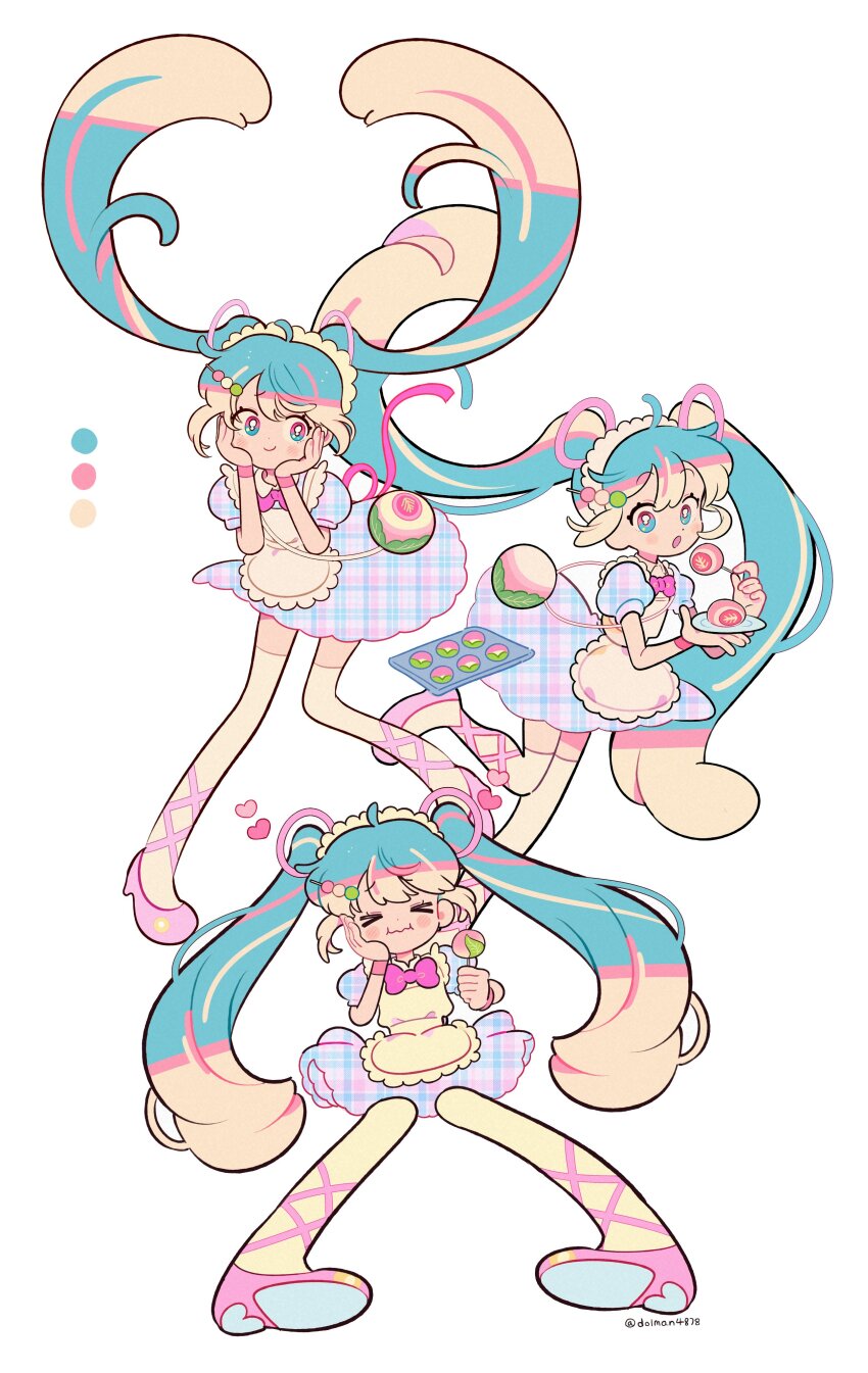 1girl, absurdres, ahoge, apron, blonde_hair, blue_dress, blue_eyes, blue_hair