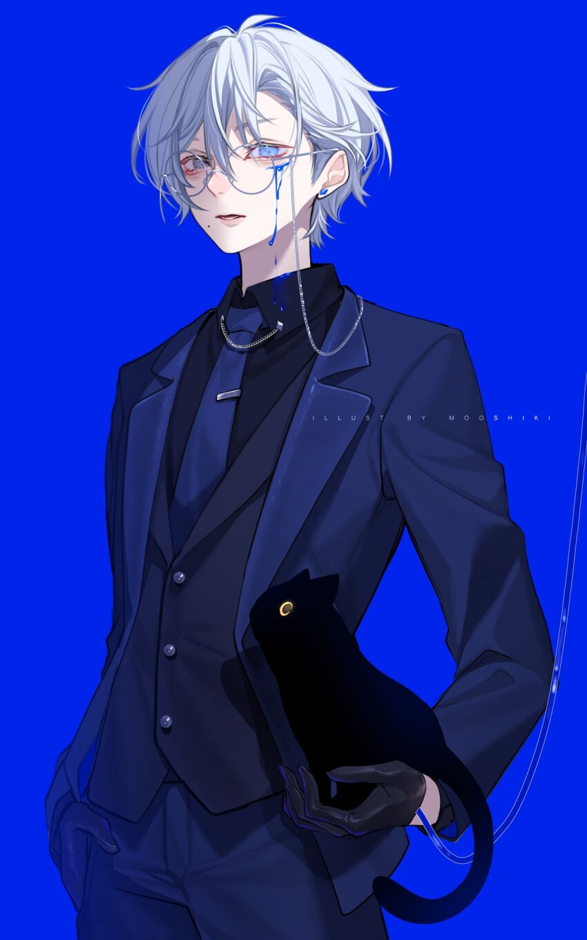 1boy, animal, artist_name, black_cat, black_shirt, black_vest, blue_background, blue_eyes