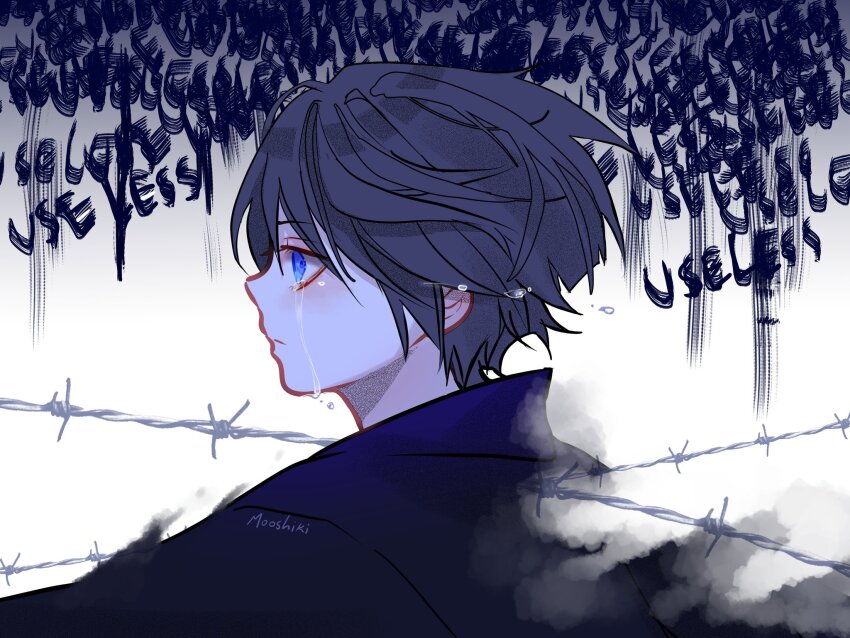 1boy, artist_name, blue_cloak, blue_eyes, blue_hair, cloak, closed_mouth, commentary