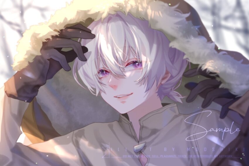 1boy, artist_name, black_gloves, blurry, blurry_background, brown_coat, coat, commentary, day, double-parted_bangs, english_commentary, fumetsu_no_anata_e, fur-trimmed_coat, fur_trim, gloves, grey_shirt, hair_between_eyes, long_sleeves, looking_at_viewer, male_focus, mooshiki, nose, outdoors, parted_lips, purple_eyes, sample_watermark, shirt, short_hair, smile, solo, the_nameless_boy_(fumetsu_no_anata_e), upper_body, watermark, white_hair