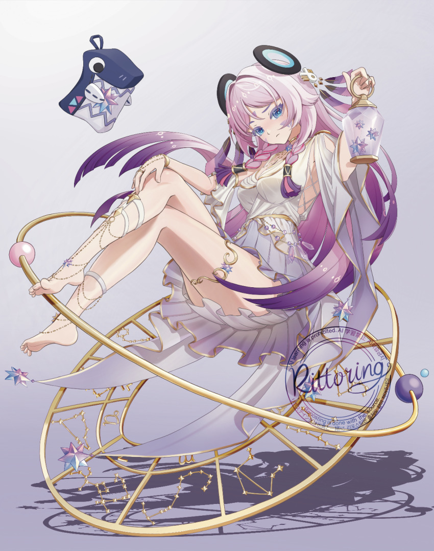 1girl, alternate_costume, barefoot, blue_eyes, braid, breasts, citlali_(genshin_impact), closed_mouth