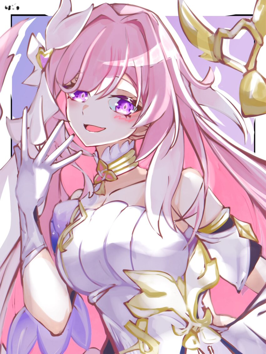 1girl, bare_shoulders, bell, border, breasts, commentary_request, corset, diamond-shaped_pupils