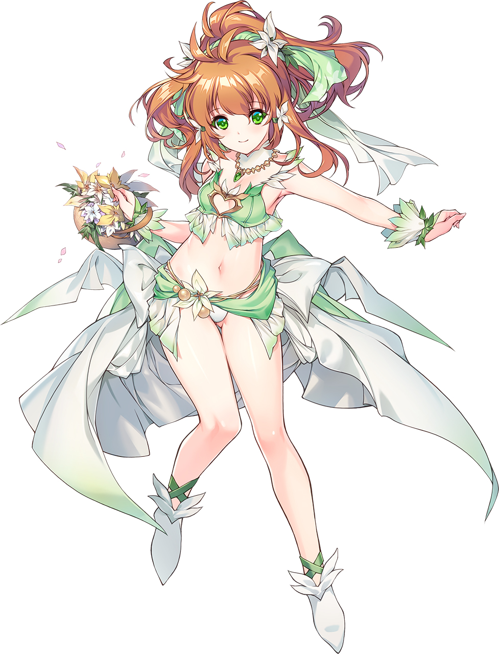 1girl, asano_ayaka, bare_arms, bare_legs, basket, breasts, choukou_(alicesoft), choukou_taisen_escalation_heroines, cleavage_cutout, clothing_cutout, flower_basket, full_body, green_eyes, highres, holding, holding_basket, medium_breasts, medium_hair, min-naraken, orange_hair, outstretched_arm, ponytail, shoes, smile, solo, tachi-e, white_shoes