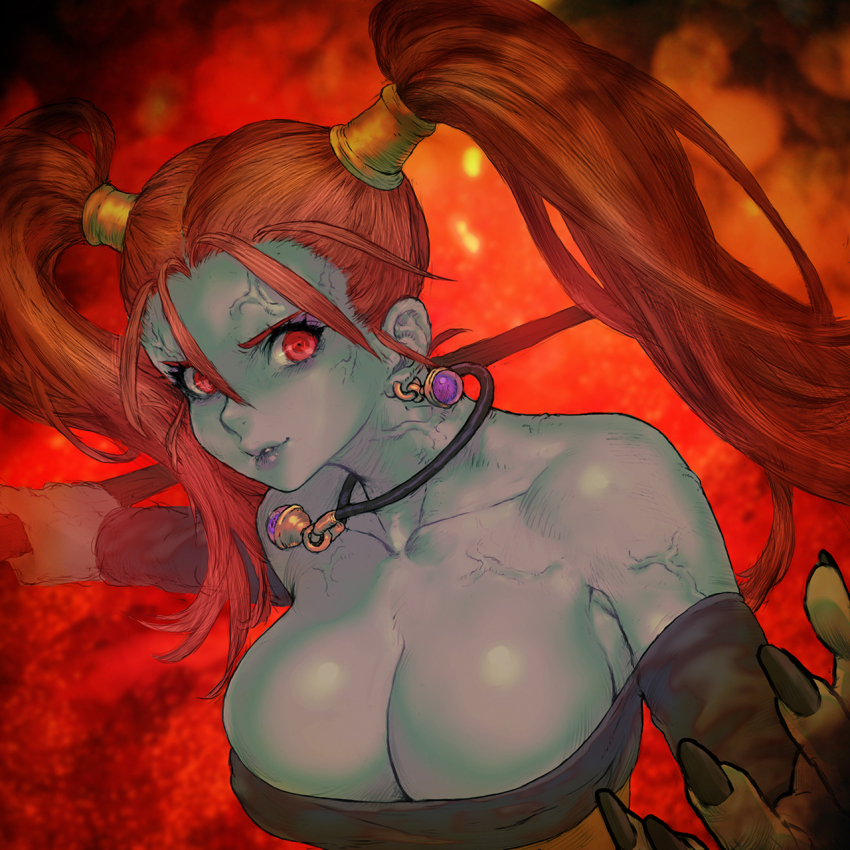 1girl, bare_shoulders, breasts, cleavage, commentary, corruption, daichan_mona, dark_persona, dragon_quest, dragon_quest_viii, dragon_quest_walk, earrings, highres, jessica_albert, jewelry, large_breasts, long_hair, necklace, possessed, possession, red_eyes, red_hair, rhapthorne, solo, square_enix, twintails, veiny_face, veiny_neck