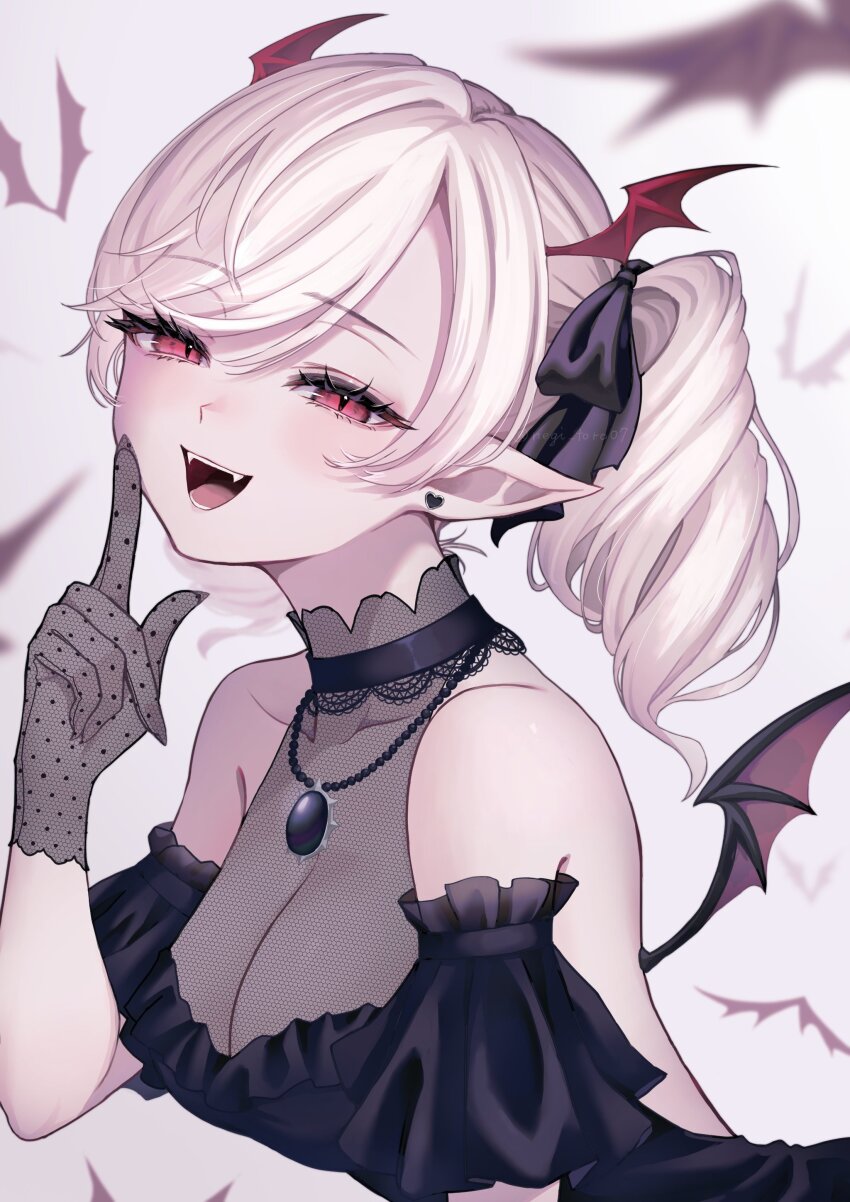 1girl, absurdres, amanegi_toro, bare_shoulders, bat_wings, breasts, cleavage, commentary_request