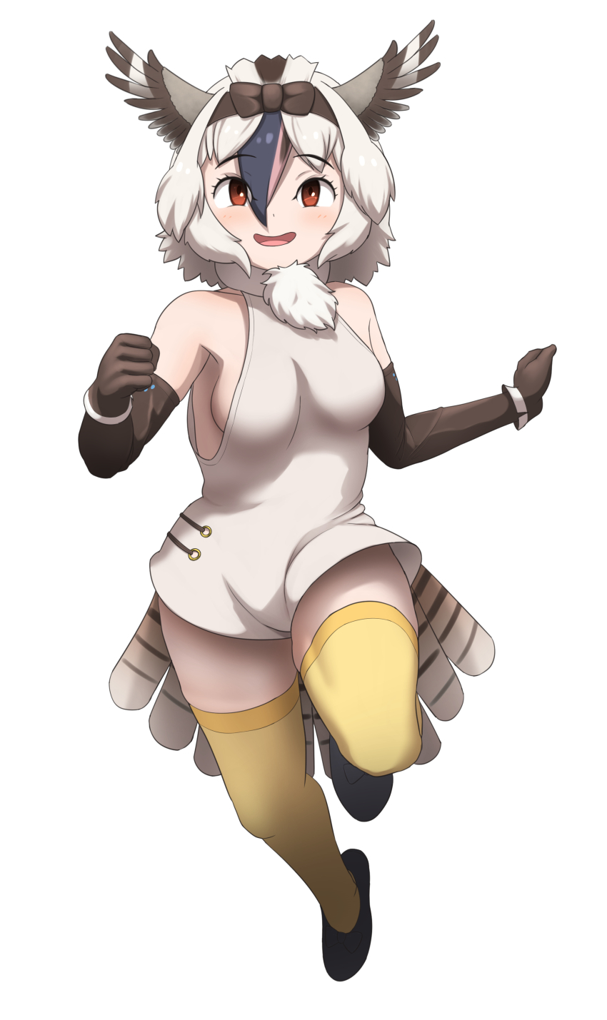 1girl, absurdres, bare_shoulders, bird_girl, bird_tail, bird_wings, black_hair, black_shoes, bow, brown_bow, brown_gloves, brown_hair, elbow_gloves, gloves, hair_between_eyes, hair_bow, head_wings, highres, kemono_friends, laughing_kookaburra_(kemono_friends), multicolored_hair, orange_eyes, pink_hair, rest_in_muni, shirt, shoes, short_hair, sidelocks, sleeveless, solo, tail, thighhighs, white_hair, white_shirt, wings, yellow_thighhighs, zettai_ryouiki