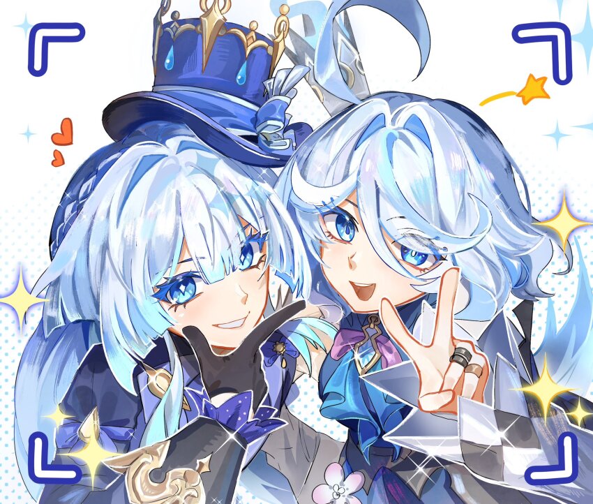 2girls, ahoge, black_gloves, blue_dress, blue_eyes, blue_hair, cerydra_(honkai:_star_rail), cerydra_(honkai:_star_rail)_(cosplay)