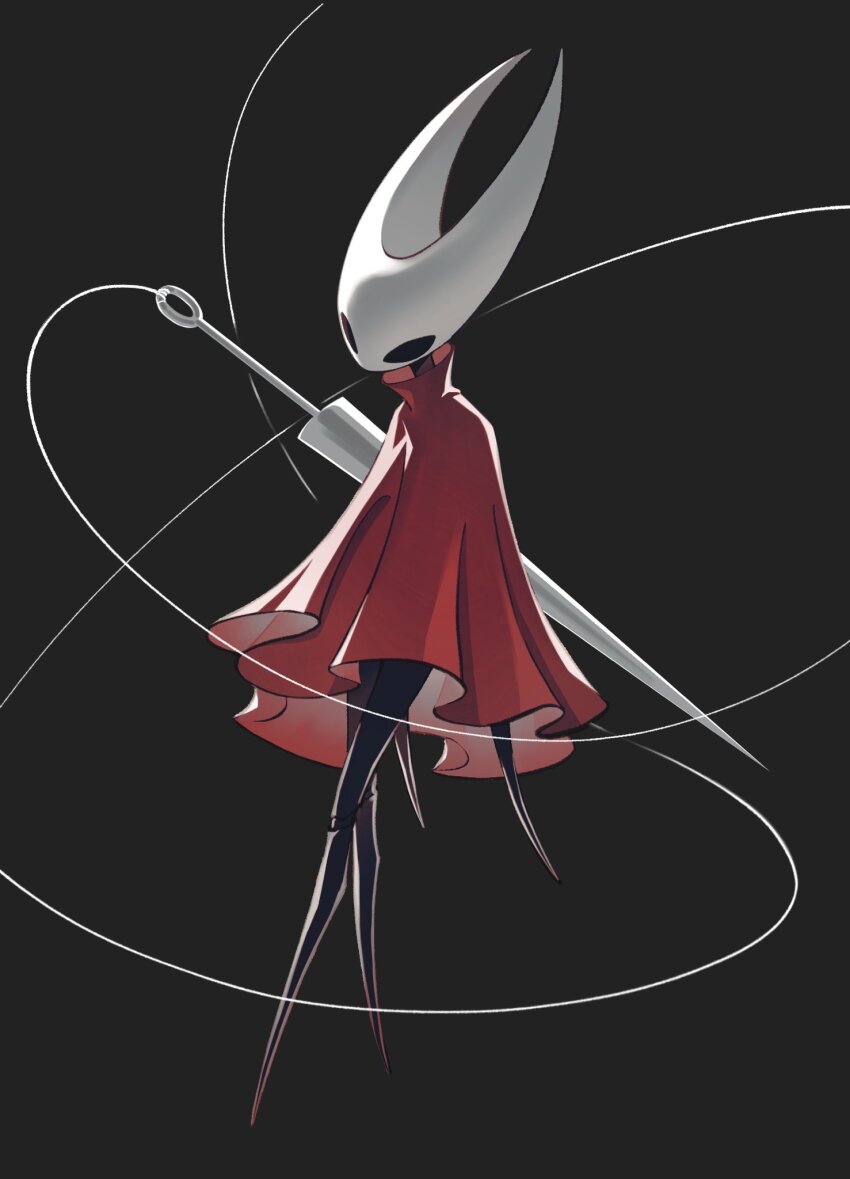 1girl, black_background, black_eyes, black_skin, cloak, colored_skin, commentary, frostedmirror, hashtag-only_commentary, highres, hollow_eyes, hollow_knight, hollow_knight:_silksong, hornet_(hollow_knight), needle_(hollow_knight), red_cloak, simple_background, solo, standing, string, weapon