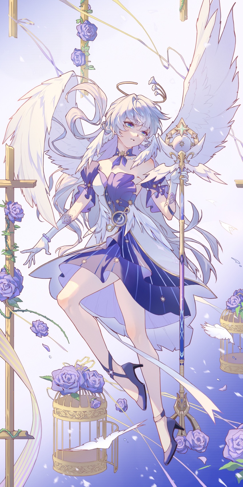 1girl, absurdres, angel_wings, bare_shoulders, birdcage, blue_eyes, breasts, cage, dress, feathered_wings, flower, gloves, gold_halo, halo, head_wings, high_heels, highres, holding, holding_microphone_stand, honkai:_star_rail, honkai_(series), jewelry, long_hair, medium_breasts, metal_0521, microphone_stand, multiple_wings, open_mouth, pumps, purple_flower, purple_hair, purple_rose, robin_(honkai:_star_rail), rose, solo, strapless, strapless_dress, very_long_hair, white_dress, white_gloves, white_wings, wings