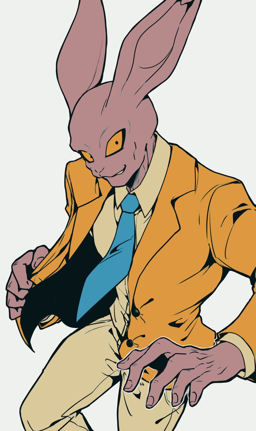 1boy, absurdres, animal_ears, black_eyes, blue_necktie, colored_sclera, colored_skin, cowboy_shot, dragon_ball, dragon_ball_super, dyspo, floating_clothes, formal_clothes, furry, furry_male, highres, jacket, male_focus, necktie, official_alternate_costume, otyumamii, pants, purple_skin, rabbit_boy, rabbit_ears, animal_nose, shirt, smirk, solo, white_background, white_pants, white_shirt, yellow_jacket, yellow_sclera