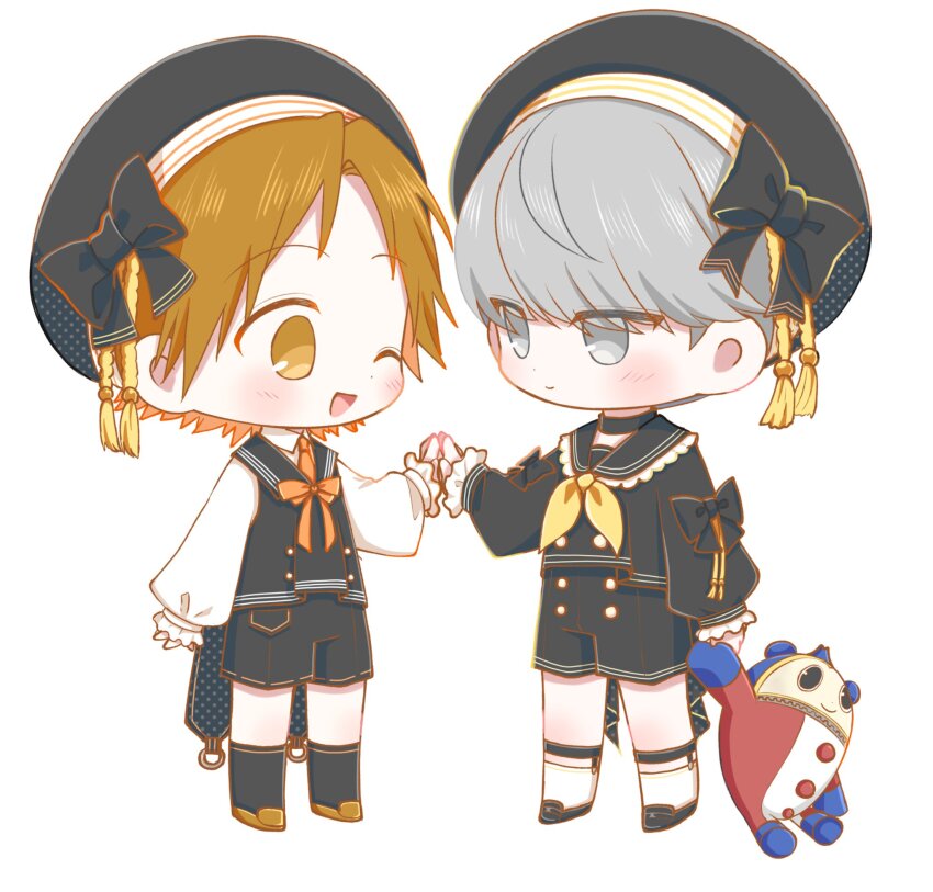 2boys, alternate_costume, black_bow, black_hat, black_shirt, black_shorts, blush, bow