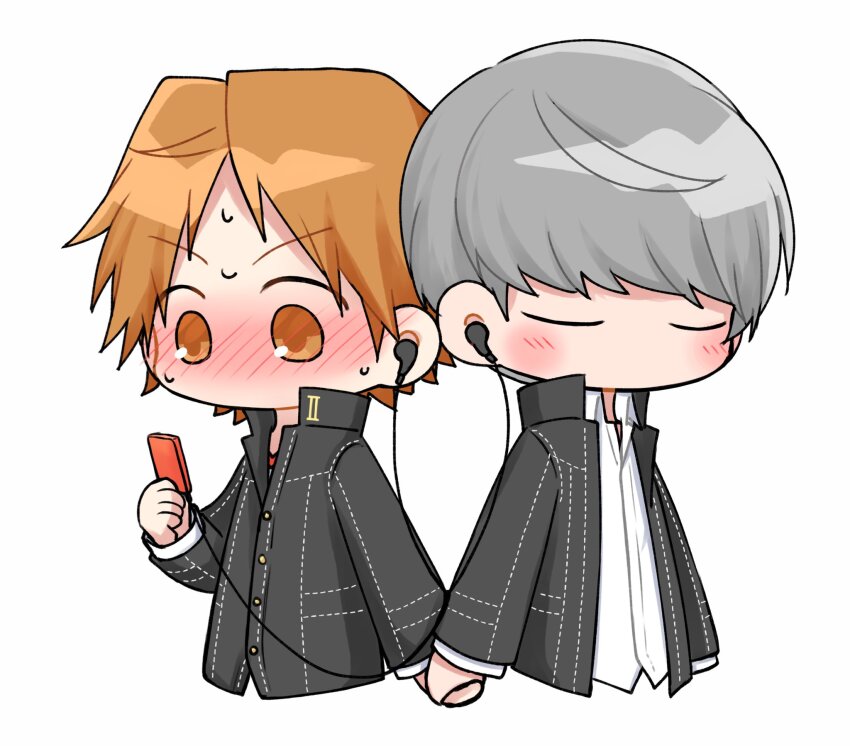 2boys, black_jacket, blush, brown_eyes, brown_hair, closed_eyes, collared_shirt, commentary_request, earbuds, earphones, ebak_k3, grey_hair, hanamura_yousuke, highres, holding, holding_hands, holding_mp3_player, jacket, listening_to_music, long_sleeves, male_focus, mp3_player, multiple_boys, narukami_yu, no_mouth, open_clothes, open_jacket, persona, persona_4, school_uniform, sharing, shirt, short_hair, simple_background, sweat, upper_body, white_background, white_shirt, yaoi, yasogami_school_uniform