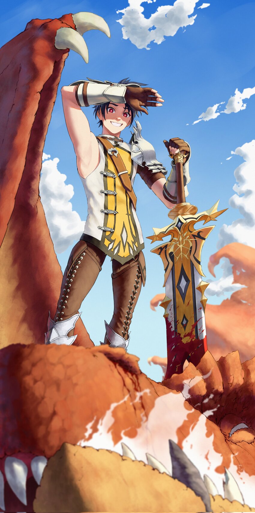 1boy, absurdres, aleksander_ryback, aqwariate, armor, black_hair, blood, bloody_weapon