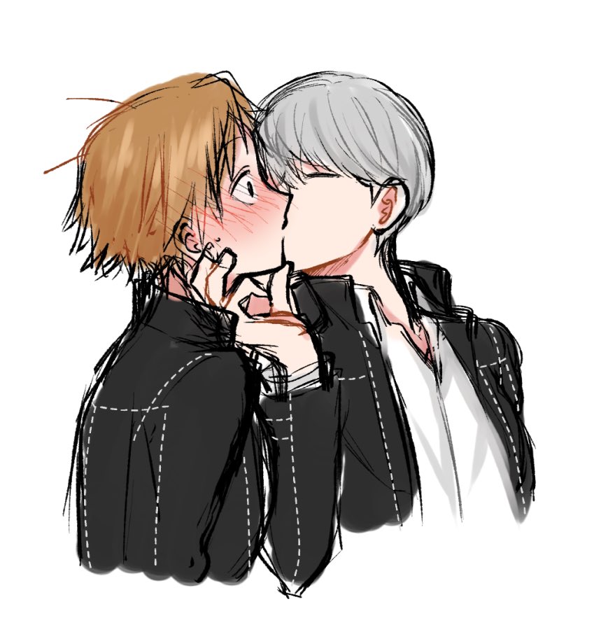 2boys, black_jacket, blush, brown_hair, closed_eyes, commentary_request, cropped_torso, ebak_k3, grey_hair, hanamura_yousuke, hand_on_another's_chin, jacket, kiss, long_sleeves, male_focus, multiple_boys, narukami_yu, persona, persona_4, school_uniform, shirt, short_hair, simple_background, sketch, upper_body, white_background, white_shirt, yaoi, yasogami_school_uniform