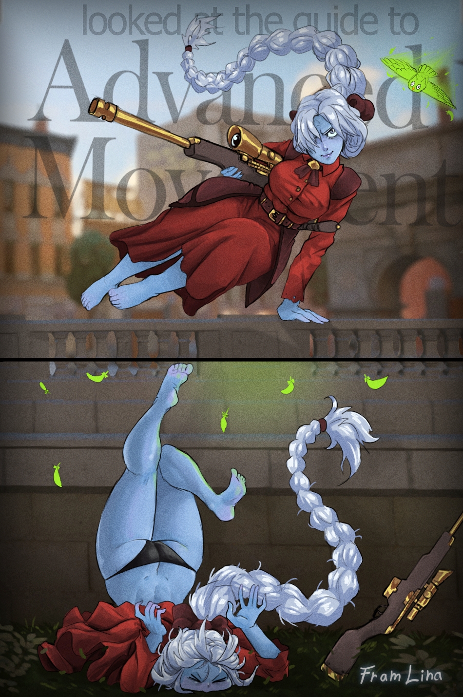 barefoot, belt, black_panties, braid, braided_ponytail, deadlock_(game), dress, feathers