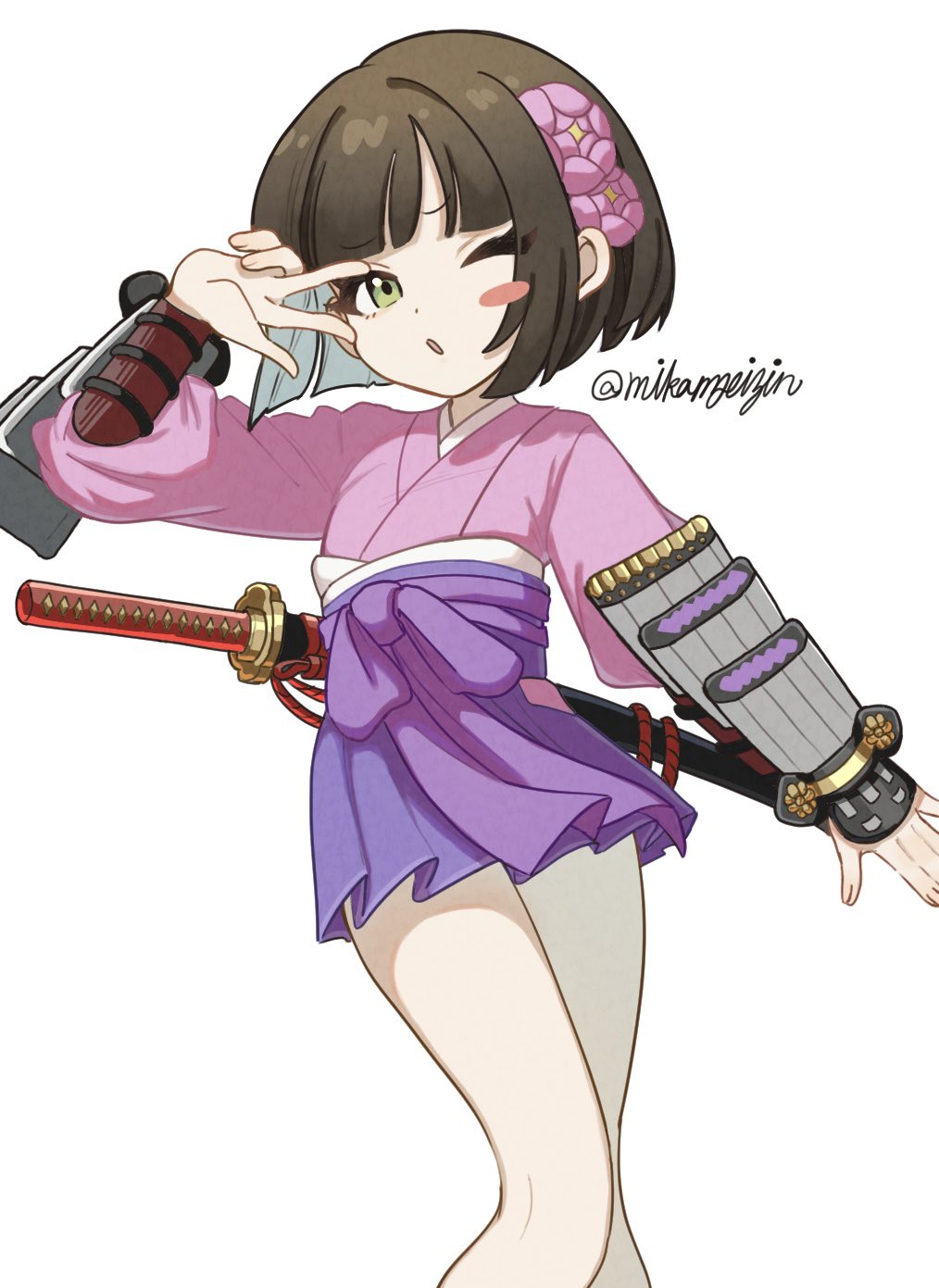 1girl, adapted_costume, bare_legs, blush_stickers, brown_hair, bushidou_(sekaiju), bushidou_4_(sekaiju), etrian_odyssey, feet_out_of_frame, flower, green_eyes, hair_flower, hair_ornament, highres, japanese_clothes, katana, kimono, mikamseizin, one_eye_closed, pink_kimono, purple_skirt, sekaiju_no_meikyuu, sekaiju_no_meikyuu_1, short_hair, short_kimono, signature, skirt, solo, sword, twitter_username, v, v_over_eye, weapon