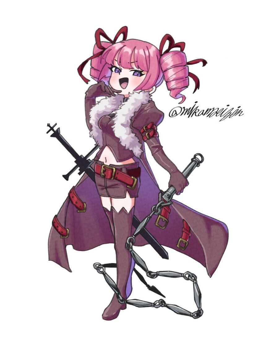 :d, belt, blush, boots, breasts, brown_boots, brown_shorts, chain_whip, coat, dark_hunter, dark_hunter_(sekaiju), dark_hunter_4, drill_hair, etrian_odyssey, fur-trimmed_coat, fur_trim, gloves, highres, juliet_sleeves, long_coat, long_sleeves, medium_breasts, mikamseizin, navel, open_mouth, pink_hair, puffy_sleeves, purple_eyes, red_belt, sekaiju_no_meikyuu, sekaiju_no_meikyuu_1, short_shorts, shorts, simple_background, smile, sword, thigh_boots, twin_drills, weapon, whip, white_background