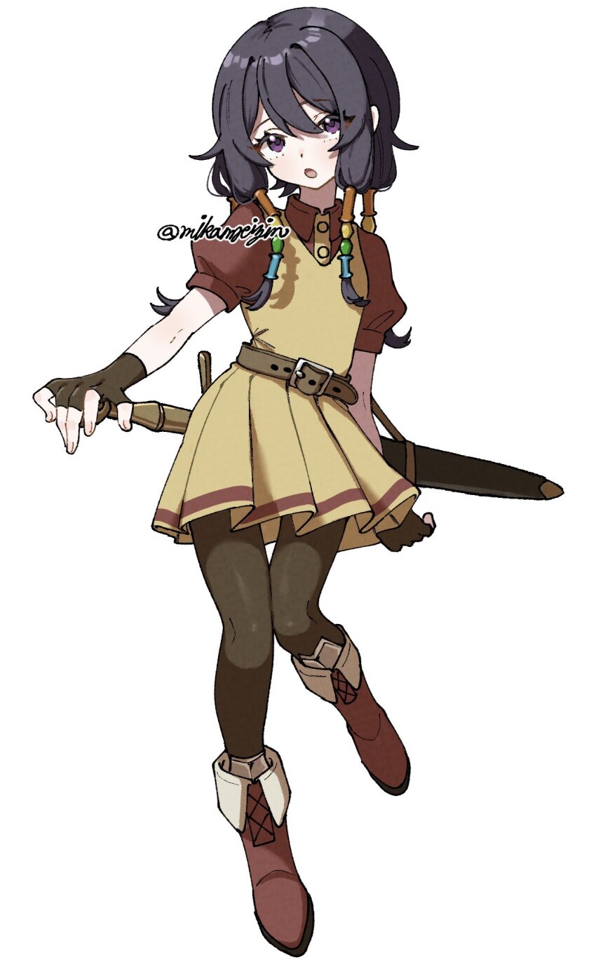 1girl, :o, alternate_costume, beads, belt, black_gloves, black_hair, black_pantyhose