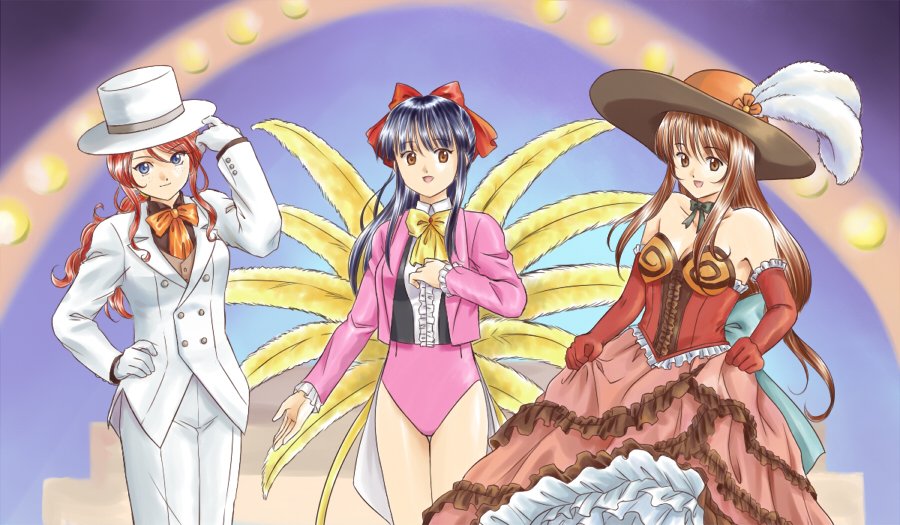 3girls, black_hair, black_ribbon, black_shirt, blue_eyes, breasts, brown_eyes, brown_hair