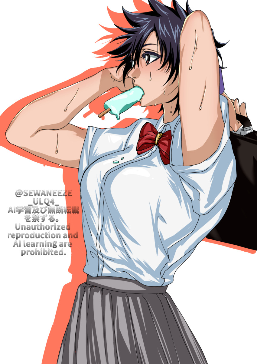 1girl, arisawa_tatsuki, arms_behind_head, bag, black_hair, bleach, blouse, breasts