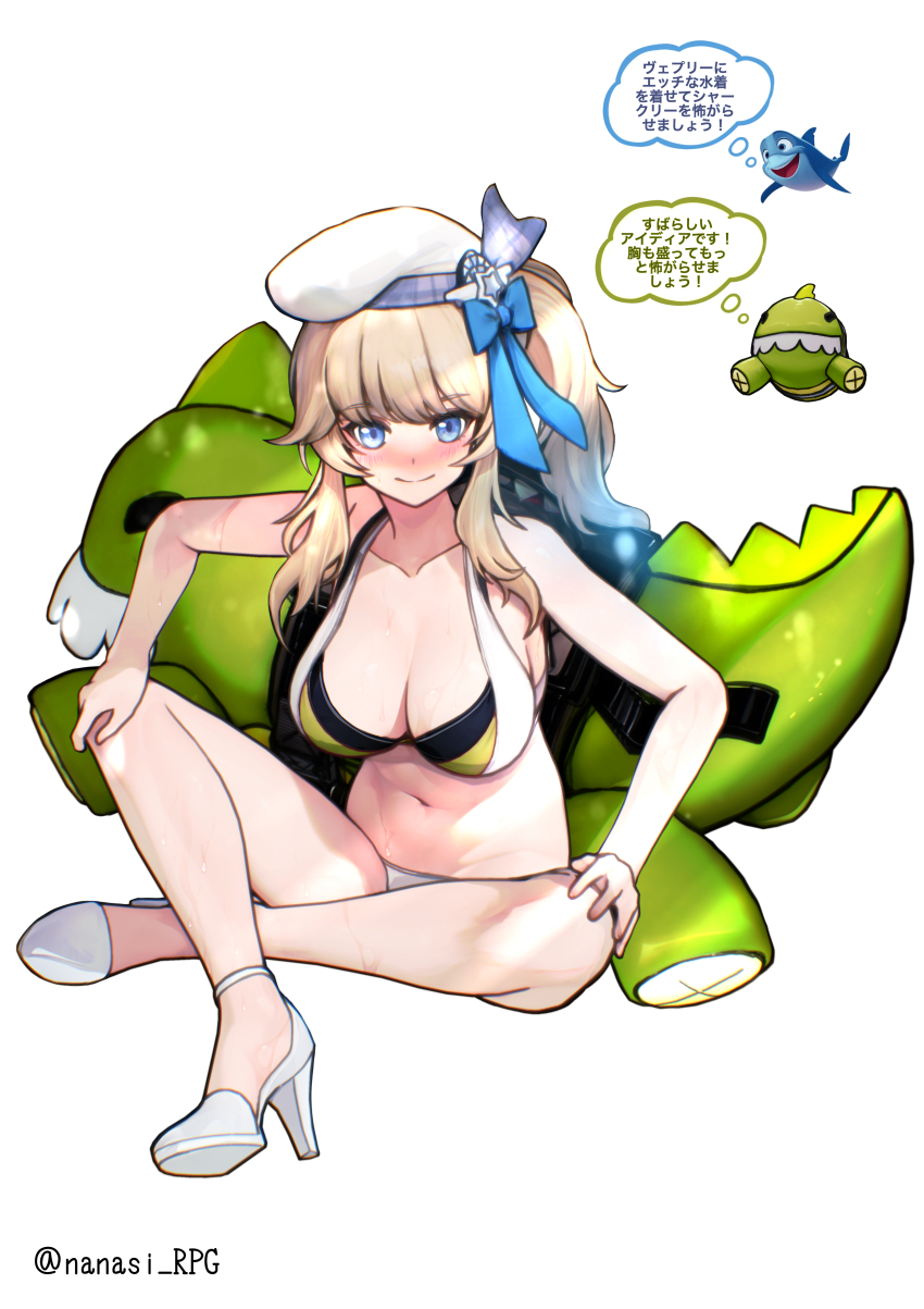 1girl, absurdres, beret, bikini, blonde_hair, blue_bow, blue_eyes, blush