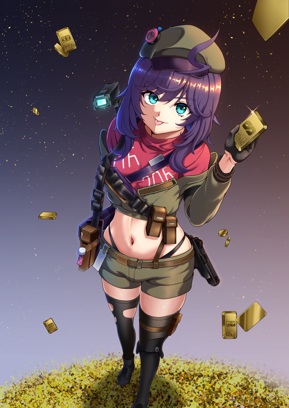 1girl, :p, arm_behind_back, black_gloves, black_panties, blue_eyes, breasts, coin