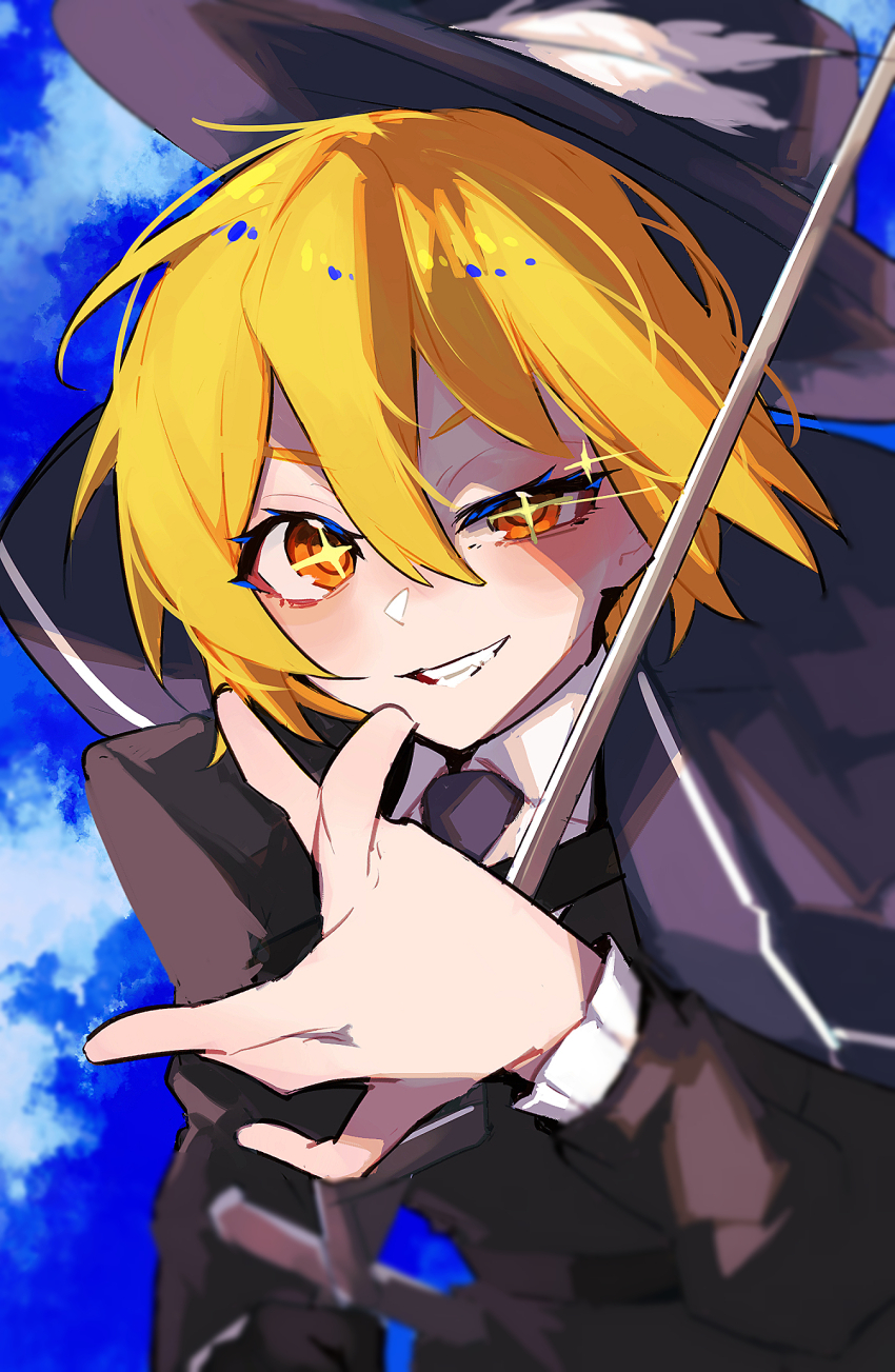 +_+, 1girl, black_jacket, blonde_hair, blue_background, blue_cape, blue_hat, blue_necktie