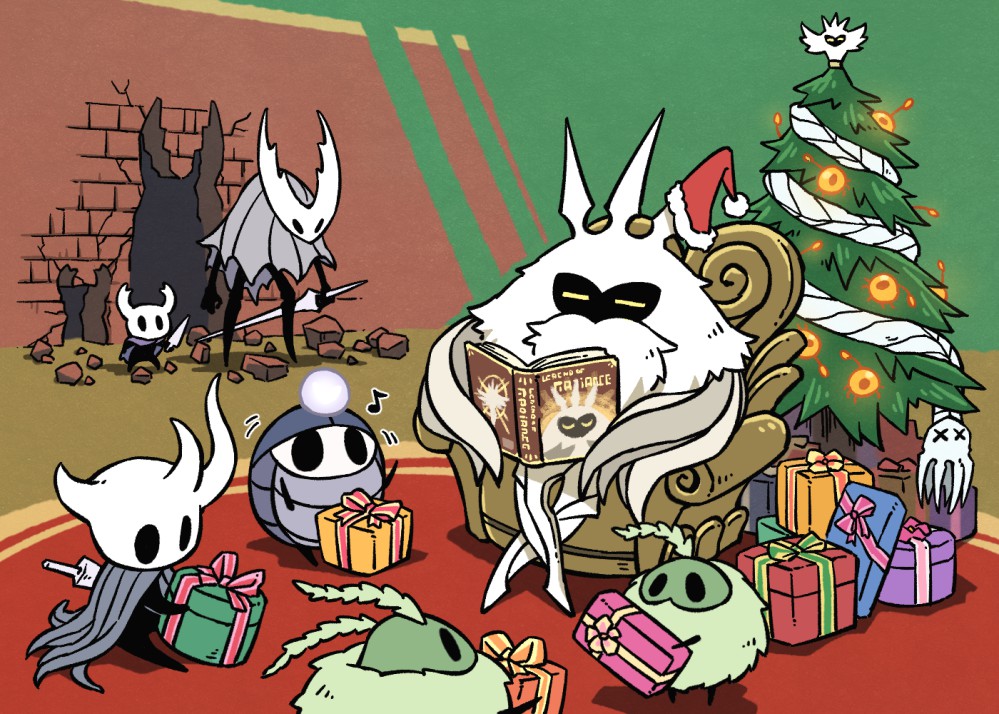 arthropod_boy, arthropod_girl, beard, book, broken_vessel_(hollow_knight), christmas, christmas_tree, facial_hair, fuifui, gift, grey_cloak, hat, holding, holding_book, holding_weapon, hollow_eyes, hollow_knight, hollow_knight_(character), horned_mask, knight_(hollow_knight), mask, mosskin_(hollow_knight), musical_note, myla_(hollow_knight), nail_(hollow_knight), open_book, pale_king_(hollow_knight), radiance_(hollow_knight), red_hat, santa_hat, sitting, weapon, x_x