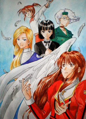 5girls, angel_wings, black_eyes, black_hair, black_jacket, blonde_hair, blue_eyes, blue_jacket, blunt_bangs, brown_eyes, brown_hair, choker, coat, collar, coquelicot_(sakura_taisen), crack, cracked_glass, cross, dress, earrings, erica_fontaine, feathers, glasses, glycine_bleumer, green_coat, green_eyes, green_hairband, hairband, jacket, jewelry, juliet_sleeves, kanakoz, kitaooji_hanabi, latin_cross, lobelia_carlini, long_hair, long_sleeves, lowres, multiple_girls, open_hands, open_mouth, outstretched_arm, pants, pink_pants, pink_sailor_collar, puffy_sleeves, red_dress, sailor_collar, sakura_taisen, sakura_taisen_iii, shirt, shoes, sidelocks, skirt, twintails, white_collar, white_hair, white_shirt, wings