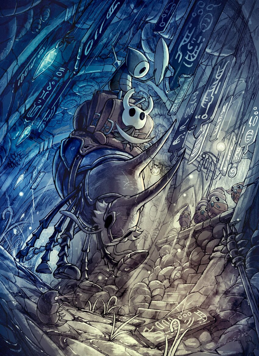 1boy, 1other, cloak, commentary_request, from_below, highres, hollow_eyes, hollow_knight