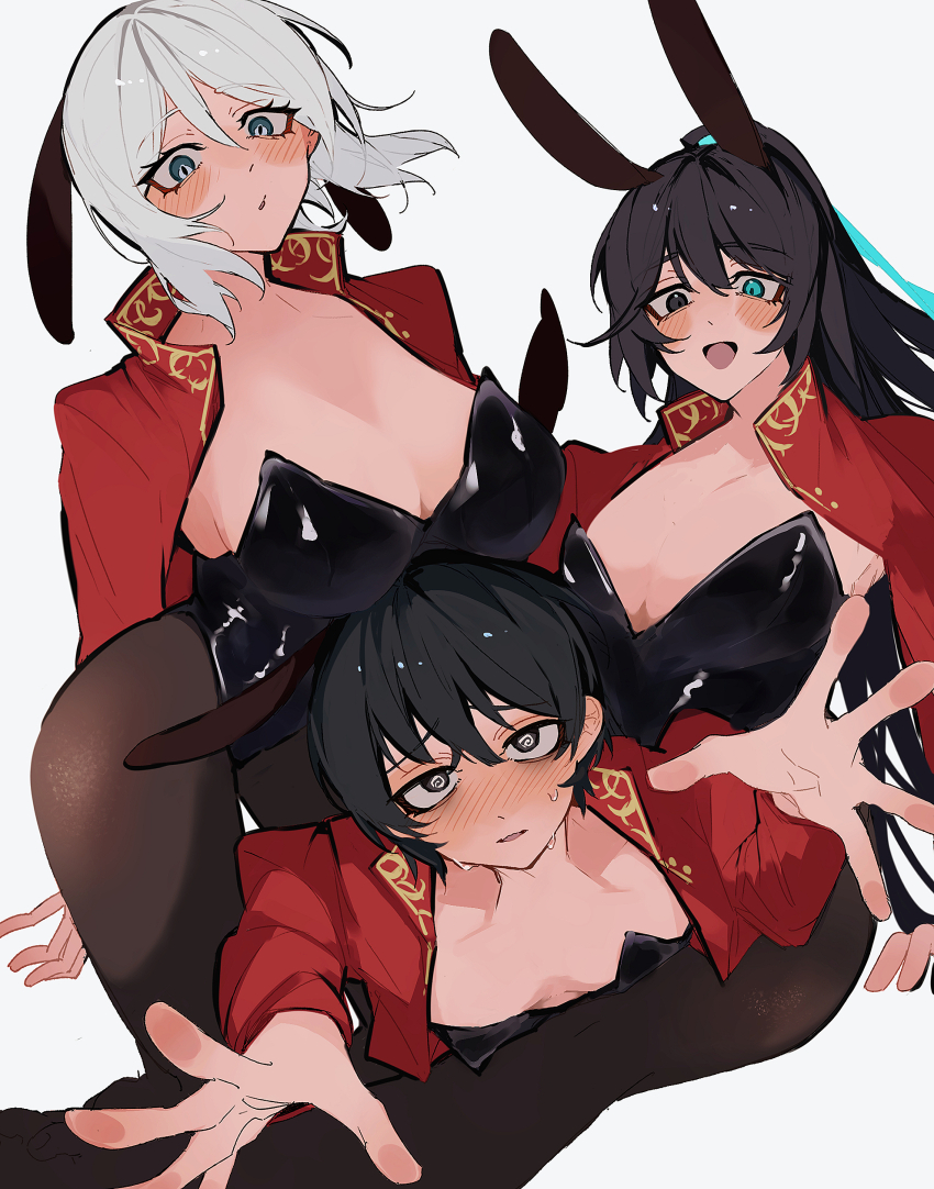 1girl, 2boys, :d, @_@, absurdres, alternate_costume, animal_ears, black_eyes