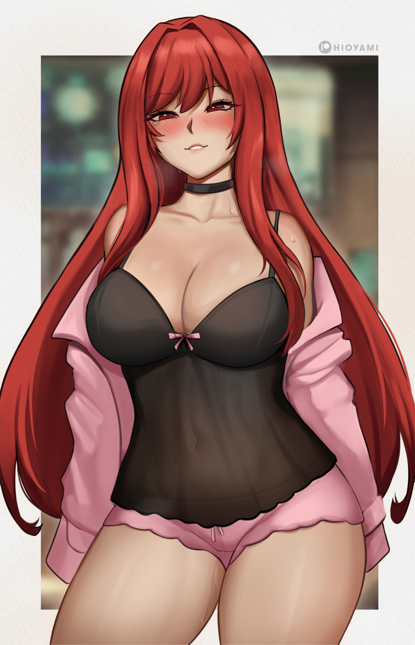 1girl, babydoll, bare_shoulders, black_babydoll, black_choker, blush, breasts, choker