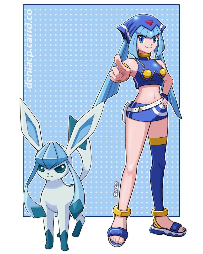 1girl, bare_shoulders, blue_background, blue_eyes, blue_hair, blue_shirt, blue_skirt, blue_thighhighs, border, cropped_shirt, crossover, deniacp, fairy_leviathan_(mega_man), full_body, gen_4_pokemon, glaceon, hand_on_own_hip, highres, mega_man_(series), mega_man_zero_(series), midriff, miniskirt, navel, nintendo, pokemon, pokemon_(creature), polka_dot, polka_dot_background, shirt, simple_background, single_thighhigh, skirt, standing, thighhighs, watermark, web_address, white_border
