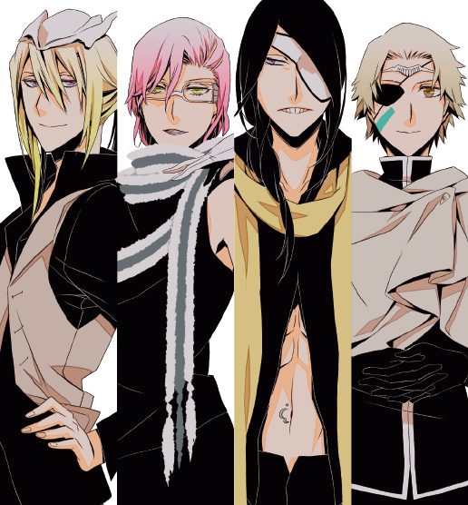 4boys, arrancar, black_hair, bleach, blonde_hair, brown_hair, eyepatch, glasses