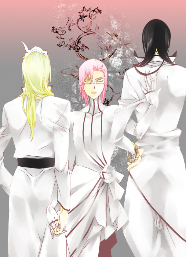 3boys, arrancar, black_hair, bleach, blonde_hair, glasses, holding_hands, male_focus