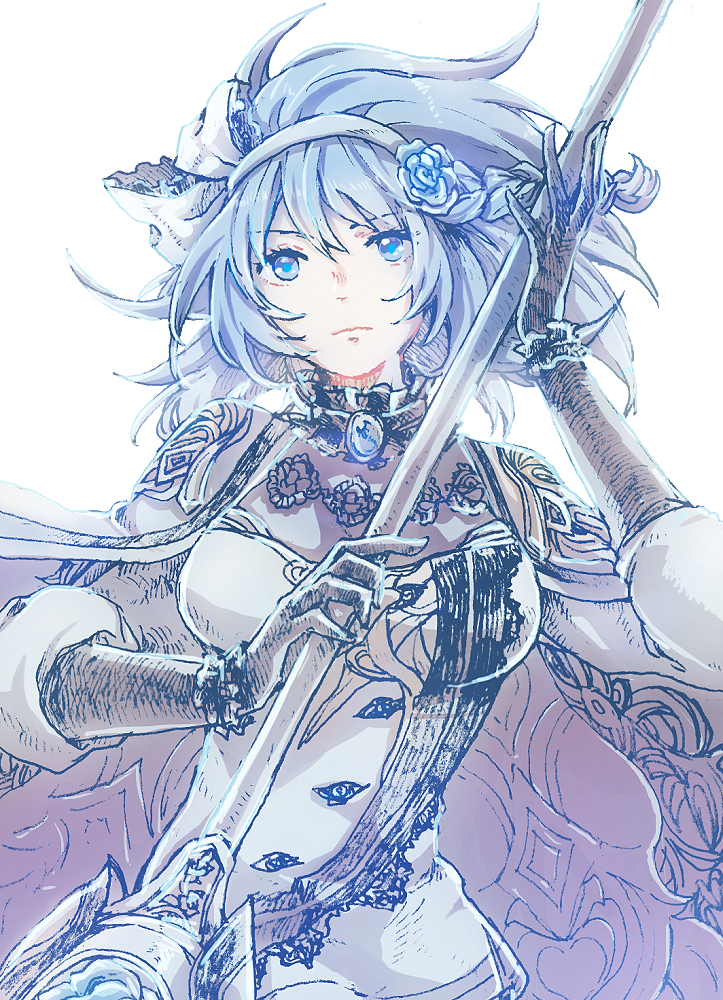 1girl, another_eden, black_choker, black_gloves, blue_eyes, blue_flower, blue_gem, blue_hair