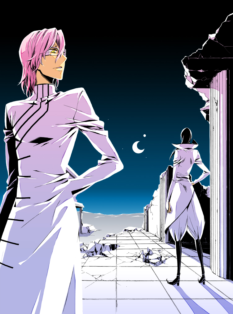 2boys, arrancar, black_hair, bleach, crescent_moon, desert, glasses, male_focus, moon, multiple_boys, night, nnoitra_gilga, number_tattoo, pink_hair, szayelaporro_granz, tattoo, usa_(blue-systema), yellow_eyes