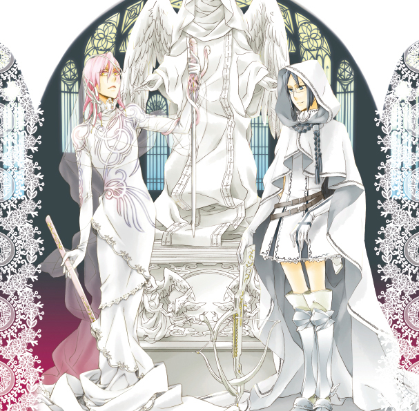 2boys, angel_wings, arrancar, black_hair, bleach, blue_eyes, bow_(weapon), cloak