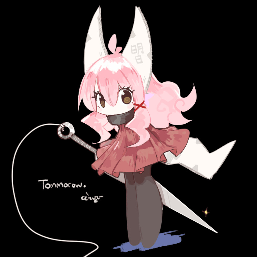 1girl, @_@, antenna_hair, artist_name, black_background, black_pantyhose, blush_stickers, brown_eyes, cardboard, cardie_(ceroro), ceroro, collar, commentary, cosplay, deformed, double-parted_bangs, dress, english_commentary, english_text, eyes_visible_through_hair, fake_horns, fake_tail, full_body, hair_between_eyes, hair_ornament, highres, holding, hollow_knight, hollow_knight:_silksong, hornet_(hollow_knight), hornet_(hollow_knight)_(cosplay), horns, long_hair, looking_at_viewer, looking_to_the_side, needle_(hollow_knight), no_mouth, no_nose, original, pantyhose, pink_hair, pleated_dress, red_dress, sidelocks, signature, simple_background, solo, sparkle, standing, tail, thread, translation_request, typo, x_hair_ornament