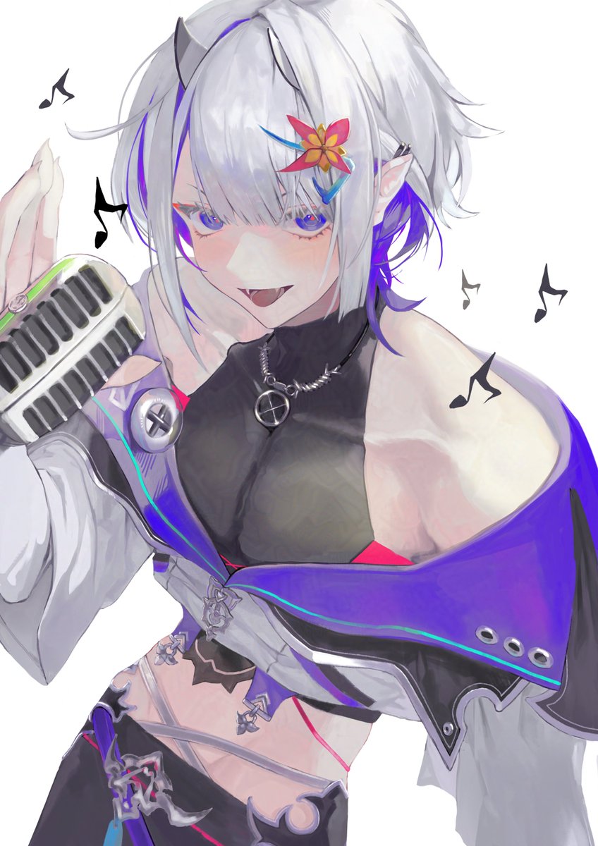 1boy, black_shirt, cowboy_shot, crop_top, cropped_jacket, eyeshadow, fangs, from_above