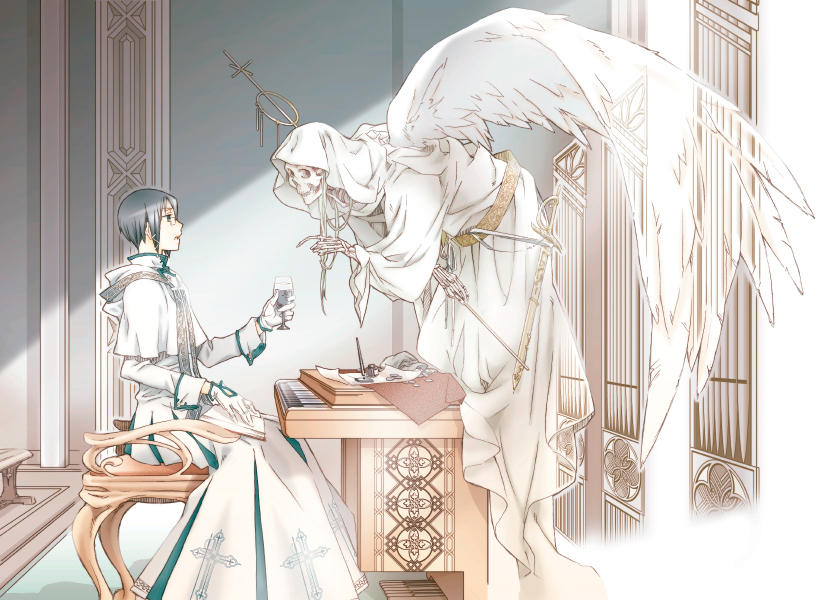 angel_wings, black_hair, bleach, blue_eyes, book, bow_(weapon), cloak, coin, crossbow, death_(entity), ishida_uryuu, skeleton, sword, usa_(blue-systema), weapon, wings