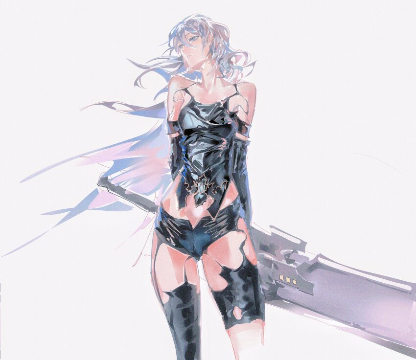 1girl, a2_(nier:automata), bare_shoulders, breasts, commentary, cowboy_shot, english_commentary, hachi_shoku_mare, highres, holding, holding_sword, holding_weapon, long_hair, medium_breasts, nier:automata, nier_(series), short_shorts, shorts, shrugging, simple_background, solo, sword, thick_thighs, thigh_gap, thighs, torn_clothes, upper_body, weapon, white_background