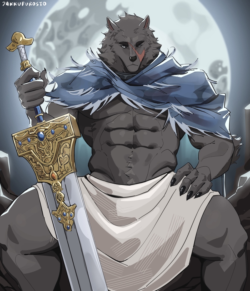 1boy, abs, animal_ears, artist_name, bara, biceps, black_fur, blaidd_the_half-wolf