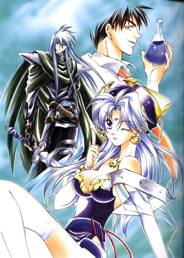 azuma_mayumi, blue_hair, bowman_jeane, breasts, celine_jules, cigarette, cleavage, dias_flac, jewelry, long_hair, lots_of_jewelry, official_art, smoking, star_ocean, star_ocean:_the_second_story, sword, thighhighs, very_long_hair, weapon