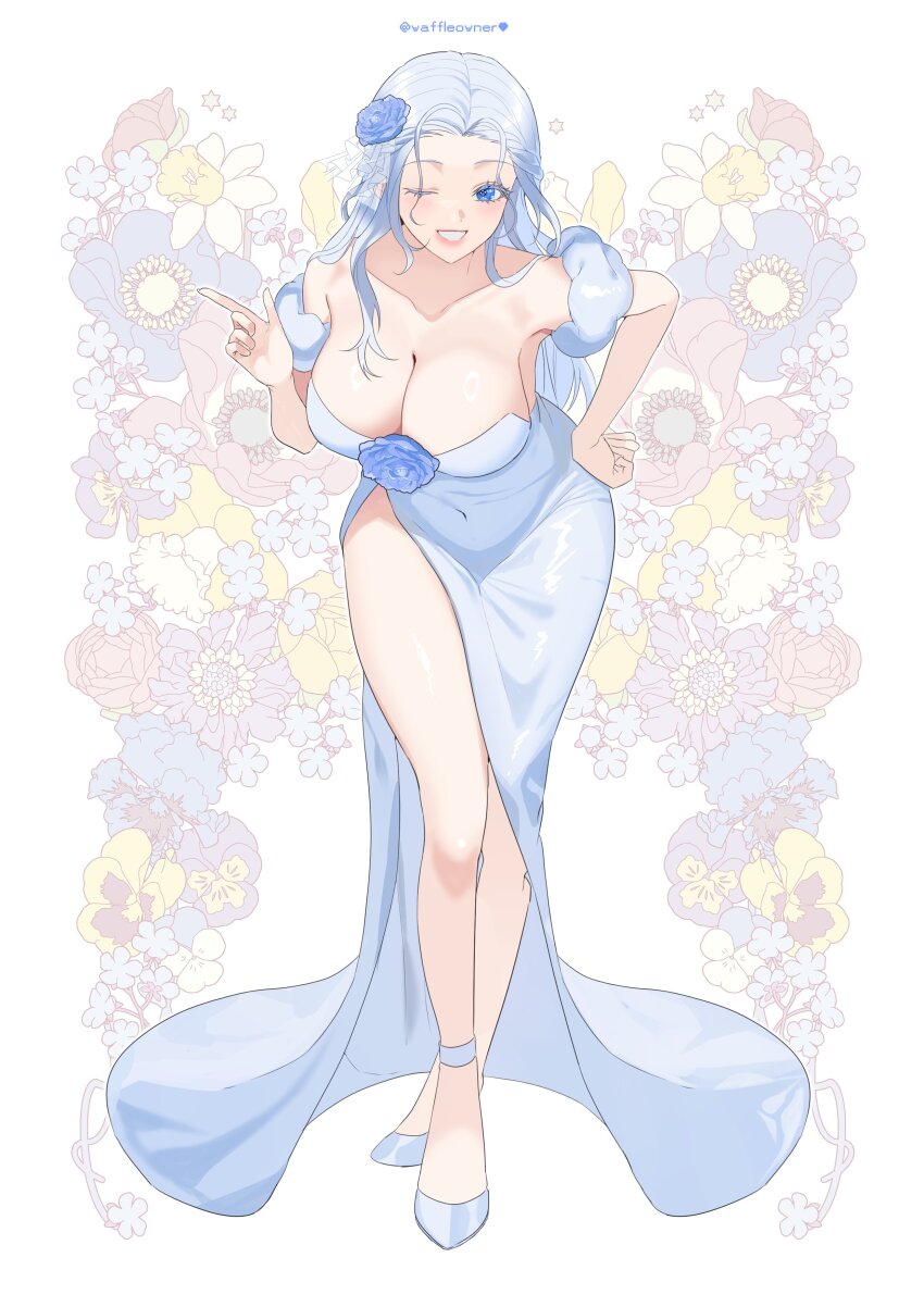 1girl, ;d, absurdres, alternate_costume, blue_eyes, blue_flower, braid, breasts, cleavage, collarbone, covered_navel, detached_sleeves, dress, dress_flower, final_fantasy, final_fantasy_xiv, floral_background, flower, full_body, hair_flower, hair_ornament, half_up_braid, hand_on_own_hip, highres, leaning_forward, long_hair, looking_at_viewer, one_eye_closed, open_mouth, shoes, side_slit, smile, solo, standing, strapless, strapless_dress, twitter_username, venat_(ff14), waffleowner, white_background, white_dress, white_hair, white_shoes